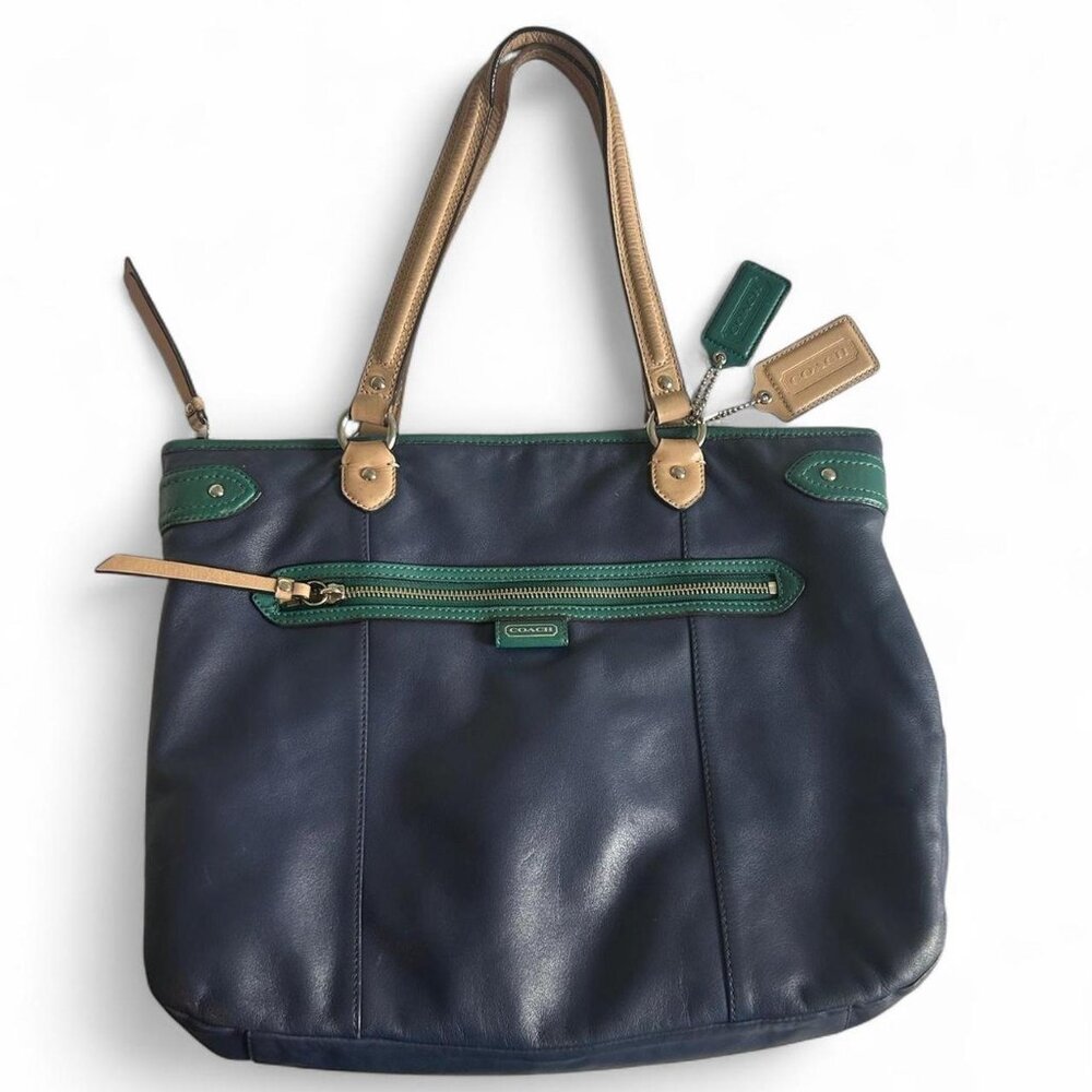 Coach Navy Leather Tote with Green and Gold Accents